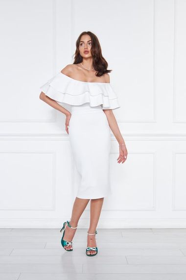 Women's Carmen Collar Stretchy Fabric Off Shoulder Midi Length Evening Dress Pencil Dress - White - photo 4