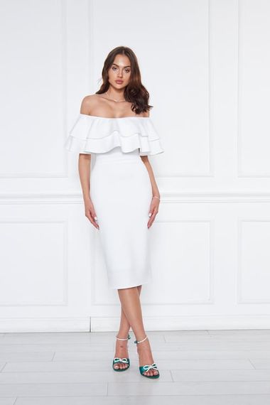 Women's Carmen Collar Stretchy Fabric Off Shoulder Midi Length Evening Dress Pencil Dress - White - photo 1