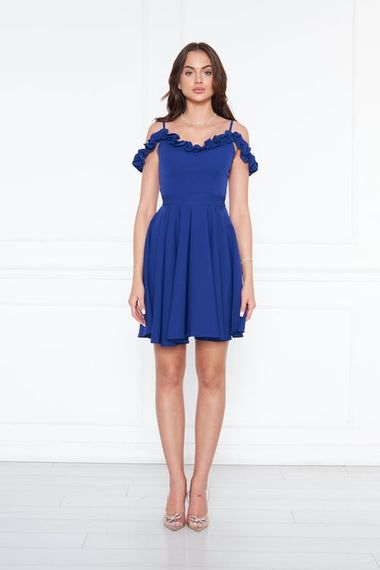 Women's Adjustable Strap Ruffle Detail Woven Fabric Pleated Mini Flared Evening Dress - Royal Blue - photo 2