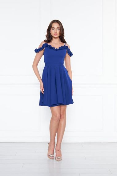 Women's Adjustable Strap Ruffle Detail Woven Fabric Pleated Mini Flared Evening Dress - Royal Blue - photo 5