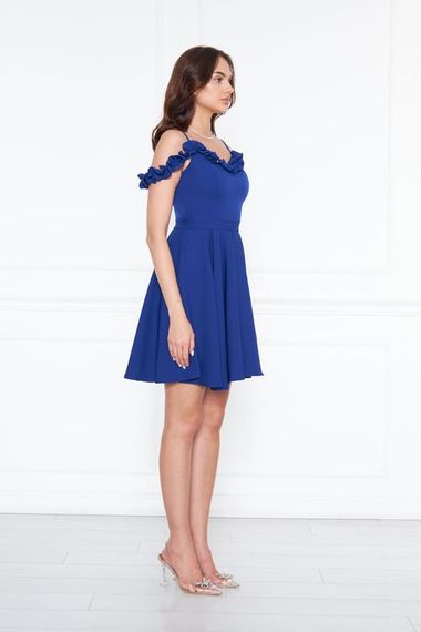 Women's Adjustable Strap Ruffle Detail Woven Fabric Pleated Mini Flared Evening Dress - Royal Blue - photo 3