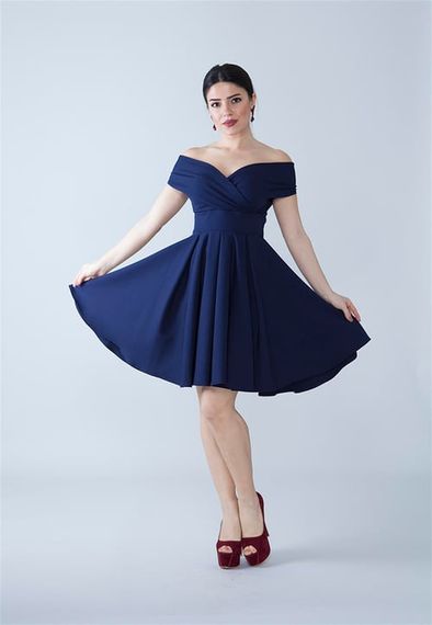 Boat Neck Flowy Woven Fabric Pleated Flared Mini Evening Dress and Graduation Dress - Navy Blue - photo 2