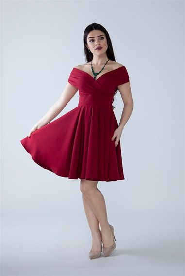 Boat Neck Flowy Woven Fabric Pleated Flared Mini Evening Dress and Graduation Dress - Burgundy - photo 2