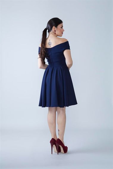 Boat Neck Flowy Woven Fabric Pleated Flared Mini Evening Dress and Graduation Dress - Navy Blue - photo 4