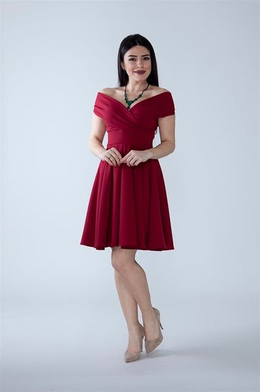 Boat Neck Flowy Woven Fabric Pleated Flared Mini Evening Dress and Graduation Dress - Burgundy - photo 3