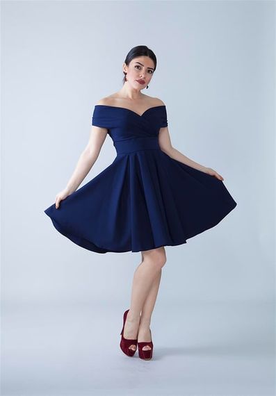 Boat Neck Flowy Woven Fabric Pleated Flared Mini Evening Dress and Graduation Dress - Navy Blue - photo 5