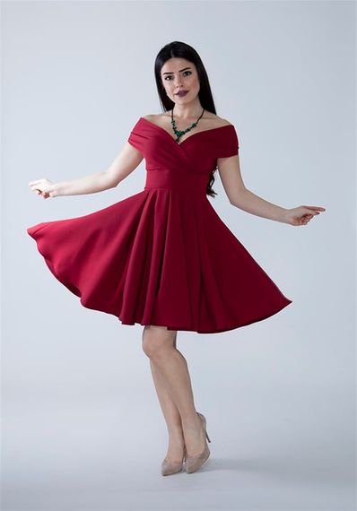 Boat Neck Flowy Woven Fabric Pleated Flared Mini Evening Dress and Graduation Dress - Burgundy - photo 1