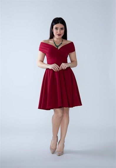 Boat Neck Flowy Woven Fabric Pleated Flared Mini Evening Dress and Graduation Dress - Burgundy - photo 4