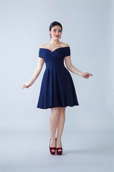 Boat Neck Flowy Woven Fabric Pleated Flared Mini Evening Dress and Graduation Dress - Navy Blue - photo 1