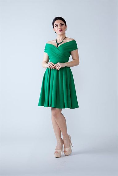 Boat Neck Flowy Woven Fabric Pleated Flared Mini Evening Dress and Graduation Dress - Green - photo 2