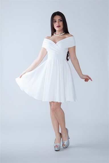 Boat Neck Flowy Woven Fabric Pleated Flared Mini Evening Dress and Graduation Dress - White - photo 3