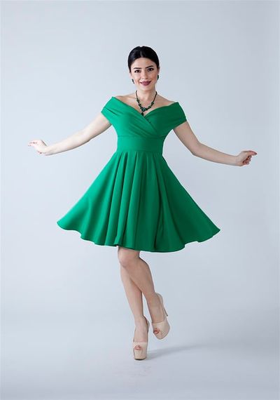 Boat Neck Flowy Woven Fabric Pleated Flared Mini Evening Dress and Graduation Dress - Green - photo 4