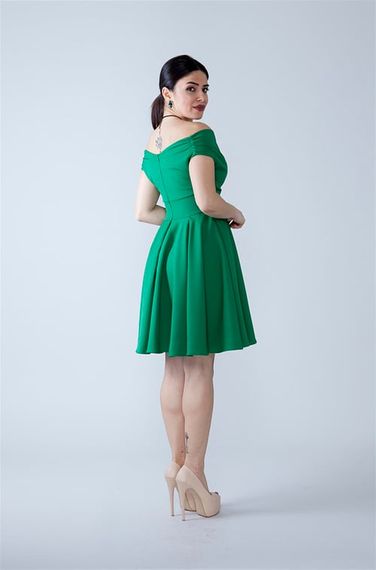 Boat Neck Flowy Woven Fabric Pleated Flared Mini Evening Dress and Graduation Dress - Green - photo 5