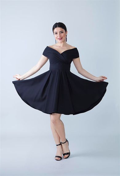 Boat Neck Flowy Woven Fabric Pleated Flared Mini Evening Dress and Graduation Dress - Black - photo 1