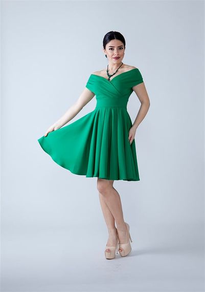 Boat Neck Flowy Woven Fabric Pleated Flared Mini Evening Dress and Graduation Dress - Green - photo 3