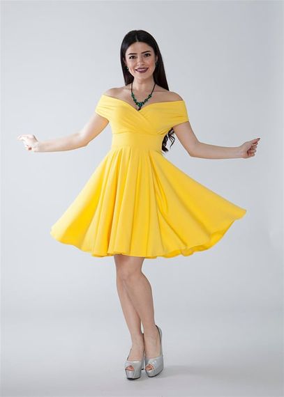 Boat Neck Flowy Woven Fabric Pleated Flared Mini Evening Dress and Graduation Dress - Yellow - photo 1