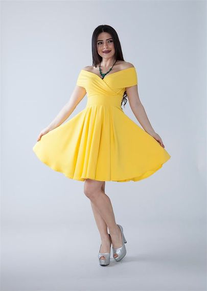 Boat Neck Flowy Woven Fabric Pleated Flared Mini Evening Dress and Graduation Dress - Yellow - photo 4