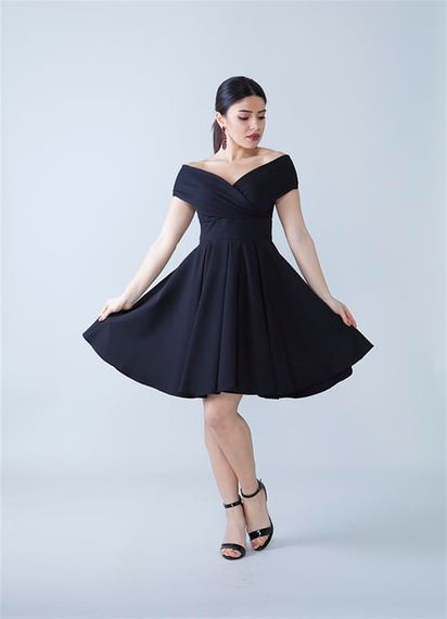 Boat Neck Flowy Woven Fabric Pleated Flared Mini Evening Dress and Graduation Dress - Black - photo 5