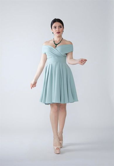 Boat Neck Flowy Woven Fabric Pleated Flared Mini Evening Dress and Graduation Dress - Mint Green - photo 2