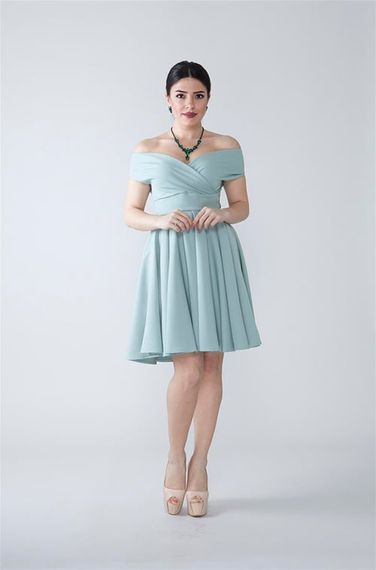 Boat Neck Flowy Woven Fabric Pleated Flared Mini Evening Dress and Graduation Dress - Mint Green - photo 3