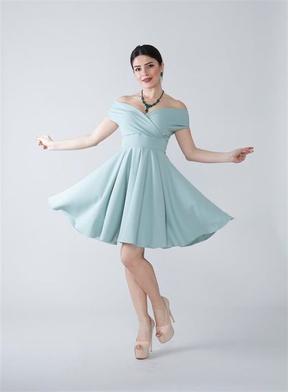 Boat Neck Flowy Woven Fabric Pleated Flared Mini Evening Dress and Graduation Dress - Mint Green - photo 1