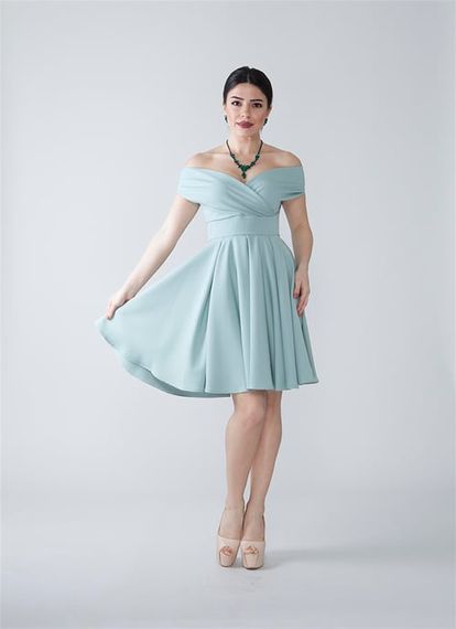 Boat Neck Flowy Woven Fabric Pleated Flared Mini Evening Dress and Graduation Dress - Mint Green - photo 4