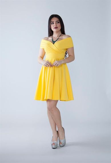 Boat Neck Flowy Woven Fabric Pleated Flared Mini Evening Dress and Graduation Dress - Yellow - photo 5