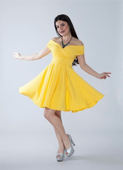 Boat Neck Flowy Woven Fabric Pleated Flared Mini Evening Dress and Graduation Dress - Yellow - photo 2