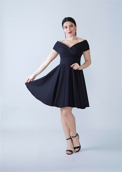 Boat Neck Flowy Woven Fabric Pleated Flared Mini Evening Dress and Graduation Dress - Black - photo 3