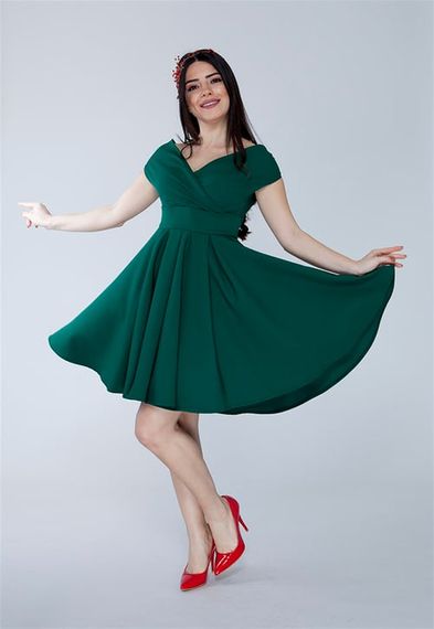 Boat Neck Flowy Woven Fabric Pleated Flared Mini Evening Dress and Graduation Dress - Emerald - photo 4