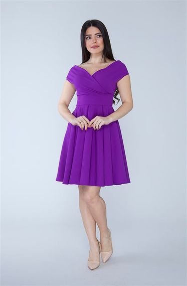 Boat Neck Flowy Woven Fabric Pleated Flared Mini Evening Dress and Graduation Dress - Purple - photo 5