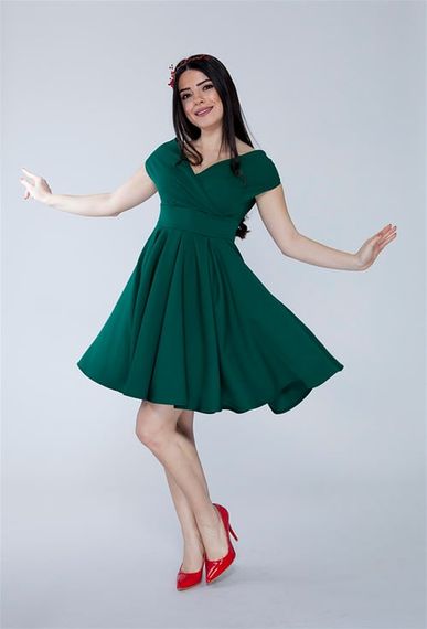 Boat Neck Flowy Woven Fabric Pleated Flared Mini Evening Dress and Graduation Dress - Emerald - photo 5