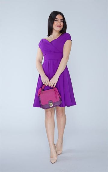 Boat Neck Flowy Woven Fabric Pleated Flared Mini Evening Dress and Graduation Dress - Purple - photo 3