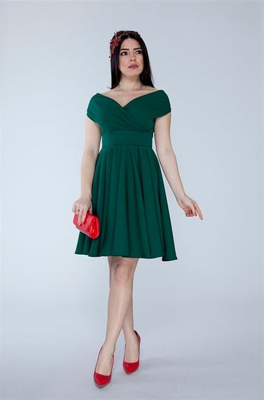 Boat Neck Flowy Woven Fabric Pleated Flared Mini Evening Dress and Graduation Dress - Emerald - photo 2