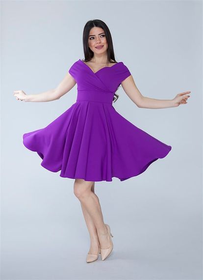 Boat Neck Flowy Woven Fabric Pleated Flared Mini Evening Dress and Graduation Dress - Purple - photo 4