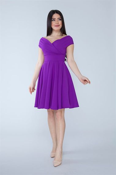 Boat Neck Flowy Woven Fabric Pleated Flared Mini Evening Dress and Graduation Dress - Purple - photo 1