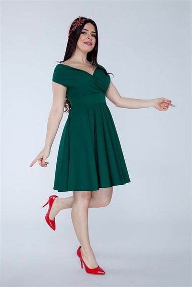 Boat Neck Flowy Woven Fabric Pleated Flared Mini Evening Dress and Graduation Dress - Emerald - photo 1