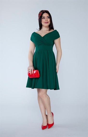 Boat Neck Flowy Woven Fabric Pleated Flared Mini Evening Dress and Graduation Dress - Emerald - photo 3