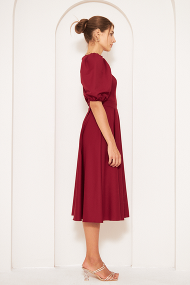 Square Neck Short Balloon Sleeves Elastic Woven Flowy Fabric Midi Dress - Burgundy - photo 3