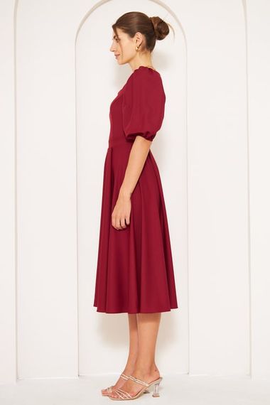 Square Neck Short Balloon Sleeves Elastic Woven Flowy Fabric Midi Dress - Burgundy - photo 5