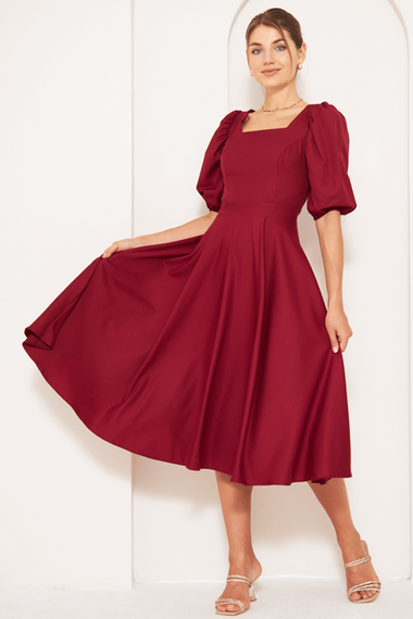 Square Neck Short Balloon Sleeves Elastic Woven Flowy Fabric Midi Dress - Burgundy - photo 1