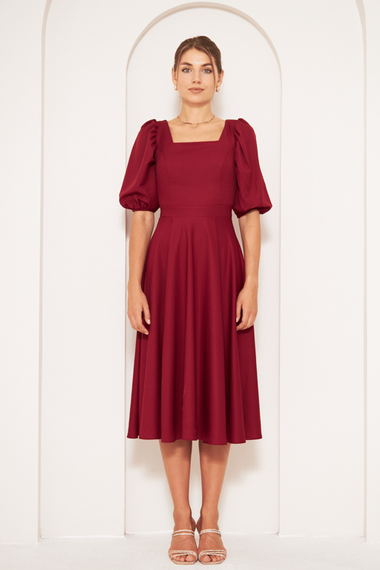 Square Neck Short Balloon Sleeves Elastic Woven Flowy Fabric Midi Dress - Burgundy - photo 2