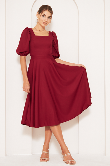 Square Neck Short Balloon Sleeves Elastic Woven Flowy Fabric Midi Dress - Burgundy - photo 4