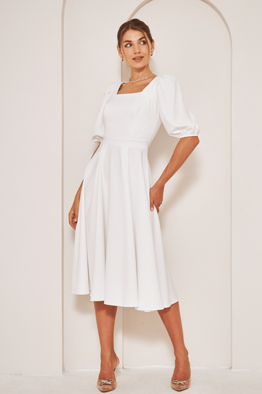 Square Neck Short Balloon Sleeves Elastic Woven Flowy Fabric Midi Dress - White - photo 2