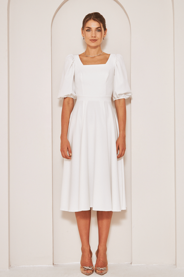 Square Neck Short Balloon Sleeves Elastic Woven Flowy Fabric Midi Dress - White - photo 3