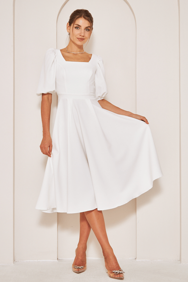 Square Neck Short Balloon Sleeves Elastic Woven Flowy Fabric Midi Dress - White - photo 1