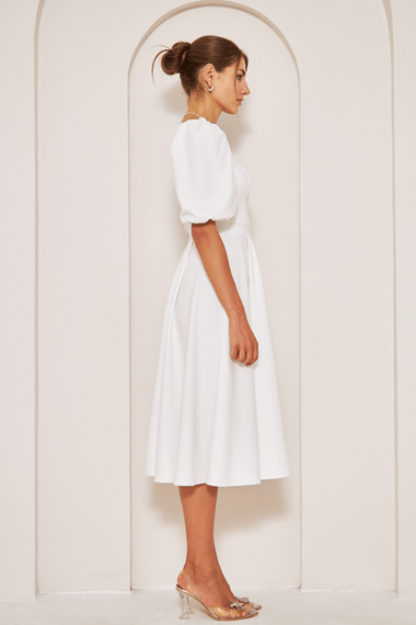 Square Neck Short Balloon Sleeves Elastic Woven Flowy Fabric Midi Dress - White - photo 4