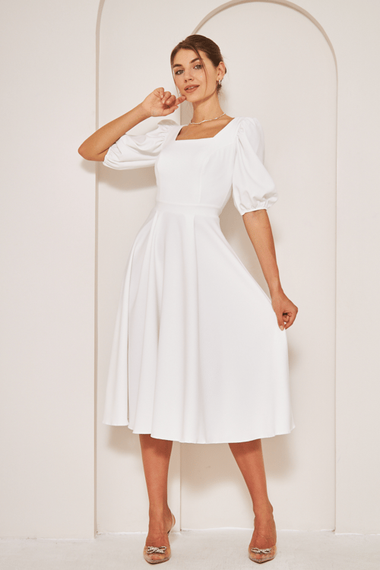 Square Neck Short Balloon Sleeves Elastic Woven Flowy Fabric Midi Dress - White - photo 5