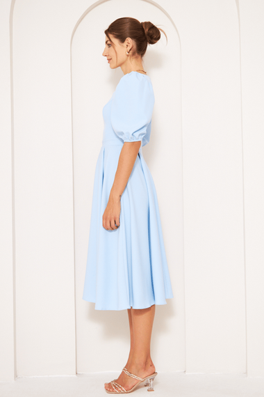 Square Neck Short Balloon Sleeves Elastic Woven Flowy Fabric Midi Dress - Baby Blue - photo 5