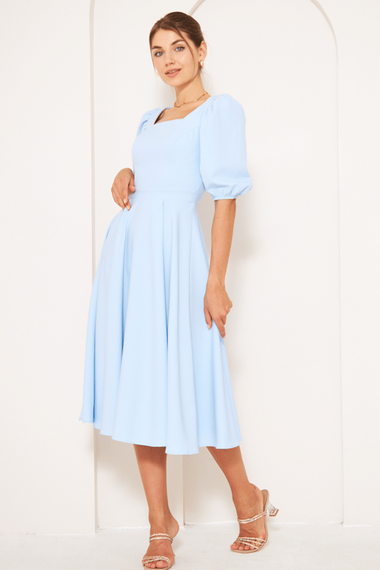 Square Neck Short Balloon Sleeves Elastic Woven Flowy Fabric Midi Dress - Baby Blue - photo 1